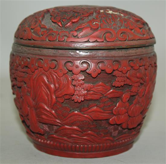 A Chinese cinnabar lacquer ovoid jar and cover, early 20th century, 10.5cm